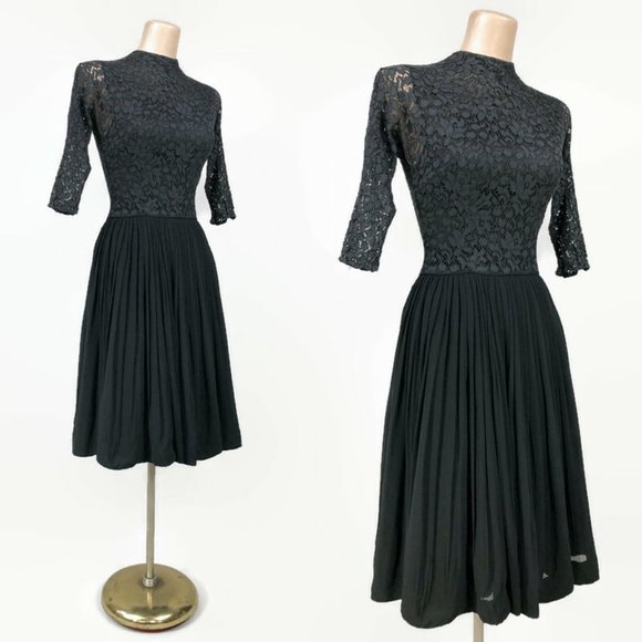 VINTAGE 50s 60s Black Sheer Lace and Chiffon Taffeta Party Dress VFG - Picture 4 of 9